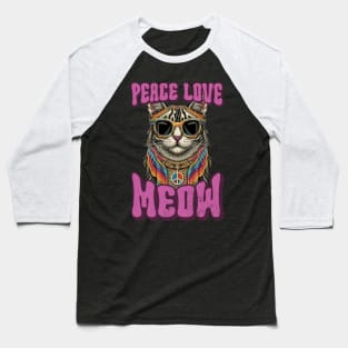 Peace Love Meow, Retro Groovy Style Hippie Cat Lover Design Baseball T-Shirt